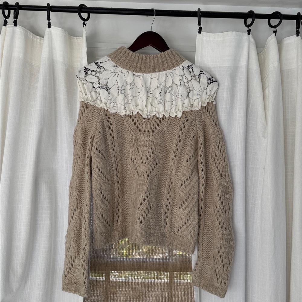 Anthropologie crochet tan Beige Lace Knit Sweater turtleneck xs cozy warm